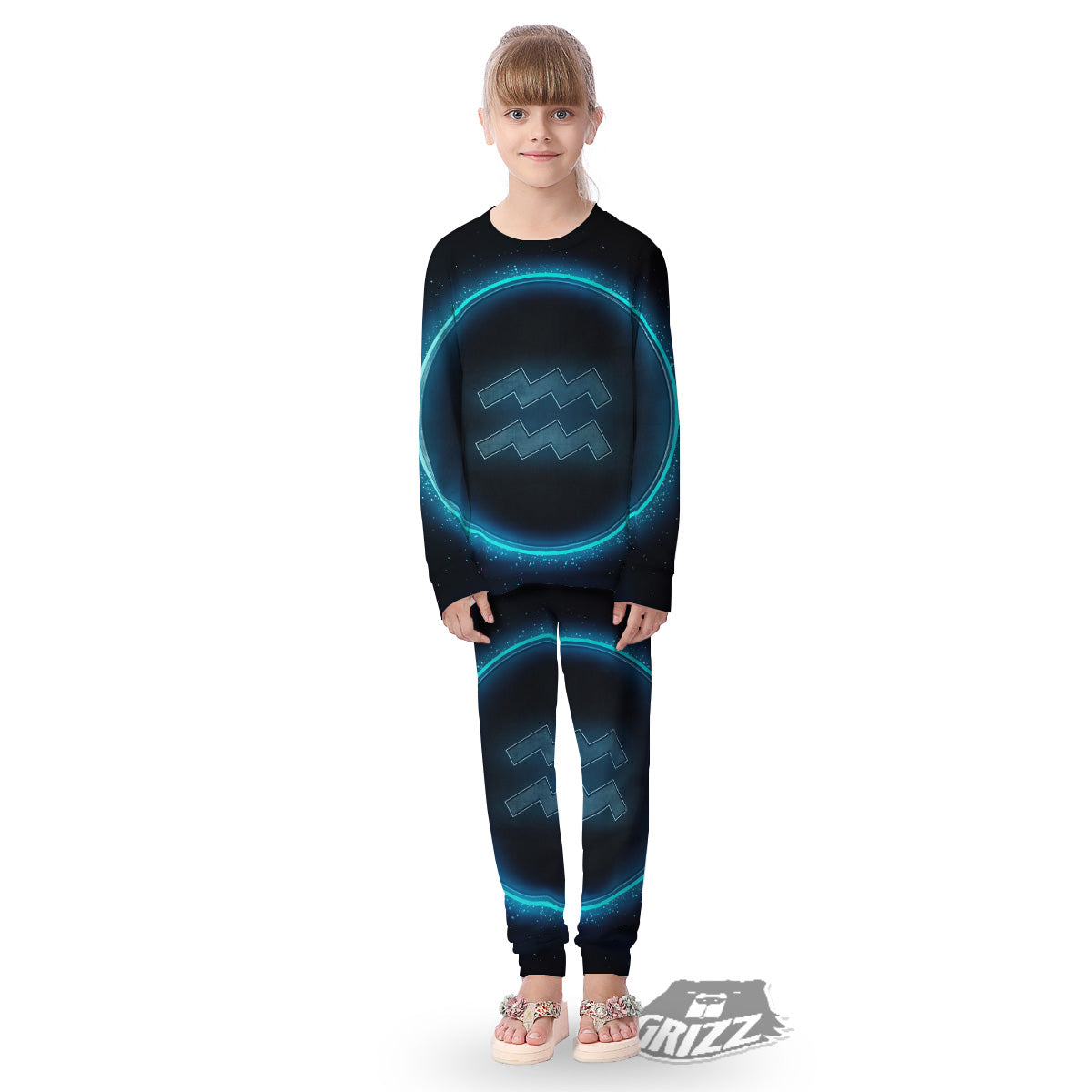 Zodiac Sign Blue Aquarius Print Kid's Pajamas-grizzshop
