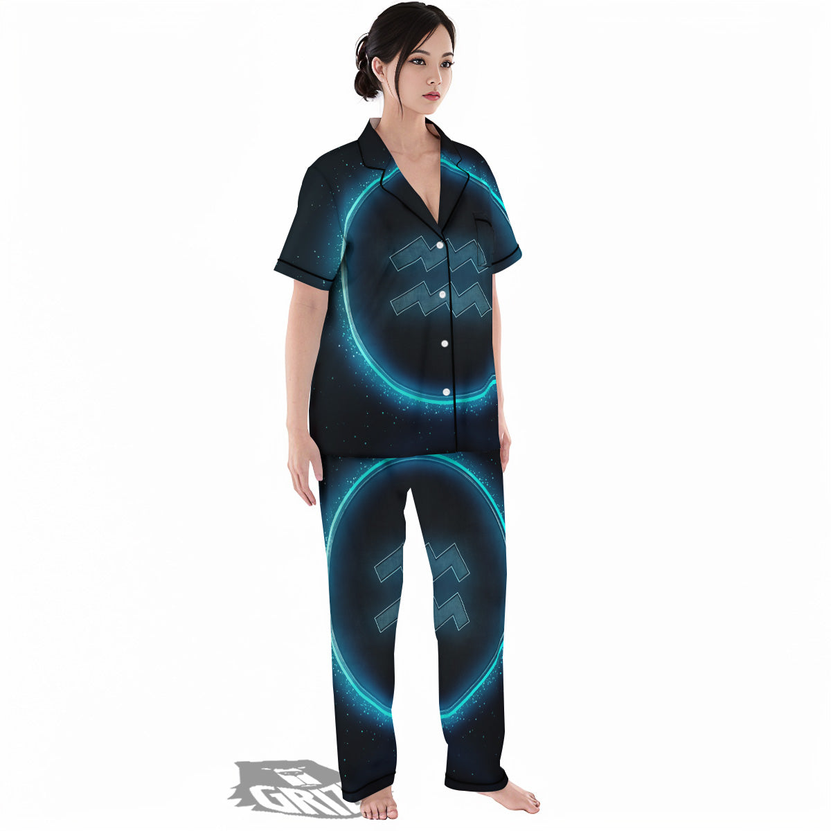 Zodiac Sign Blue Aquarius Print Women's Pajamas Set-grizzshop