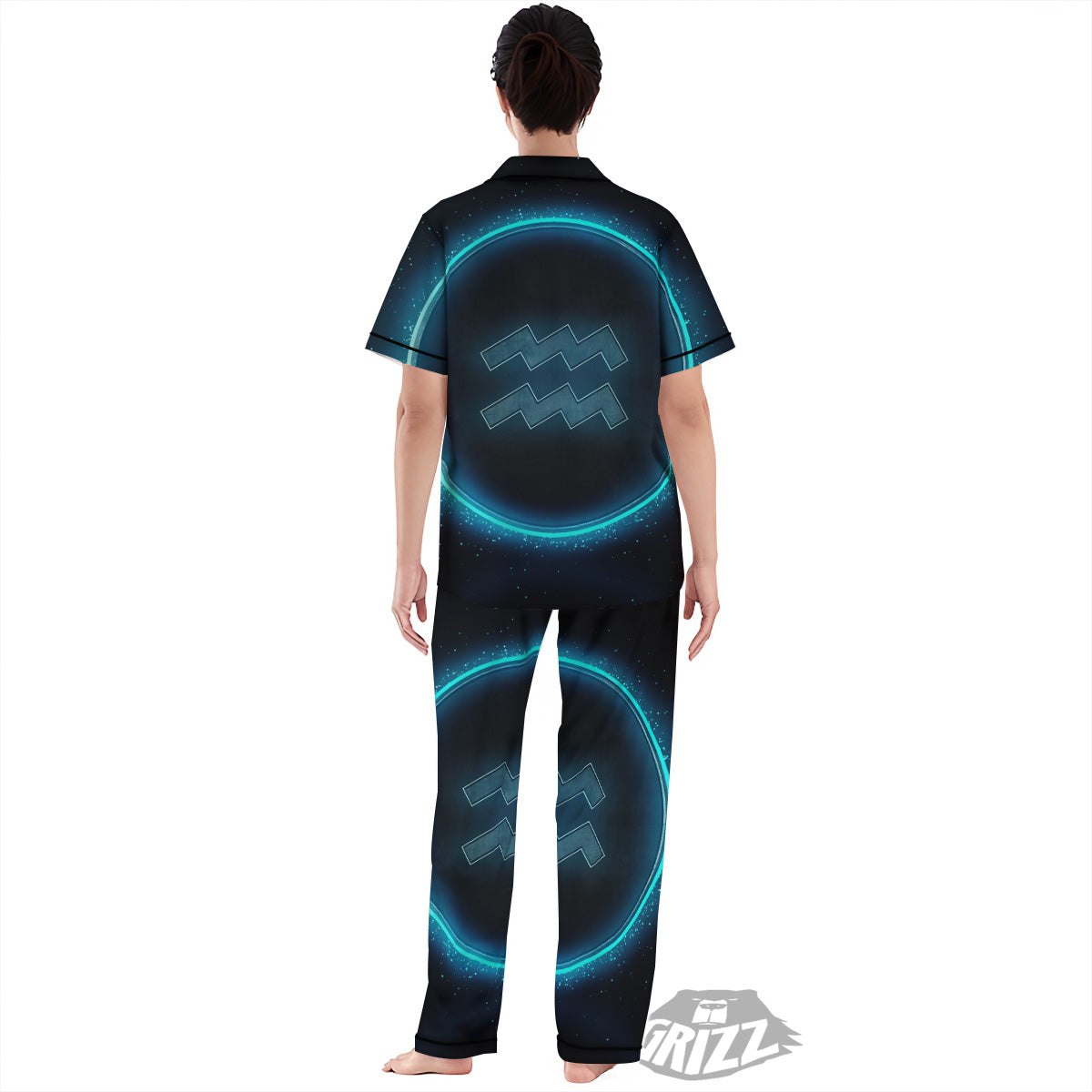 Zodiac Sign Blue Aquarius Print Women's Pajamas Set-grizzshop