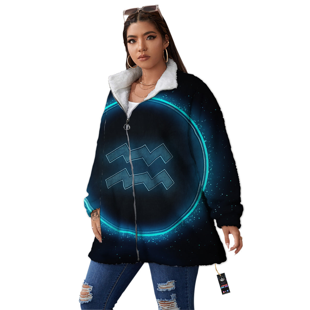 Zodiac Sign Blue Aquarius Print Women's Sherpa Jacket-grizzshop