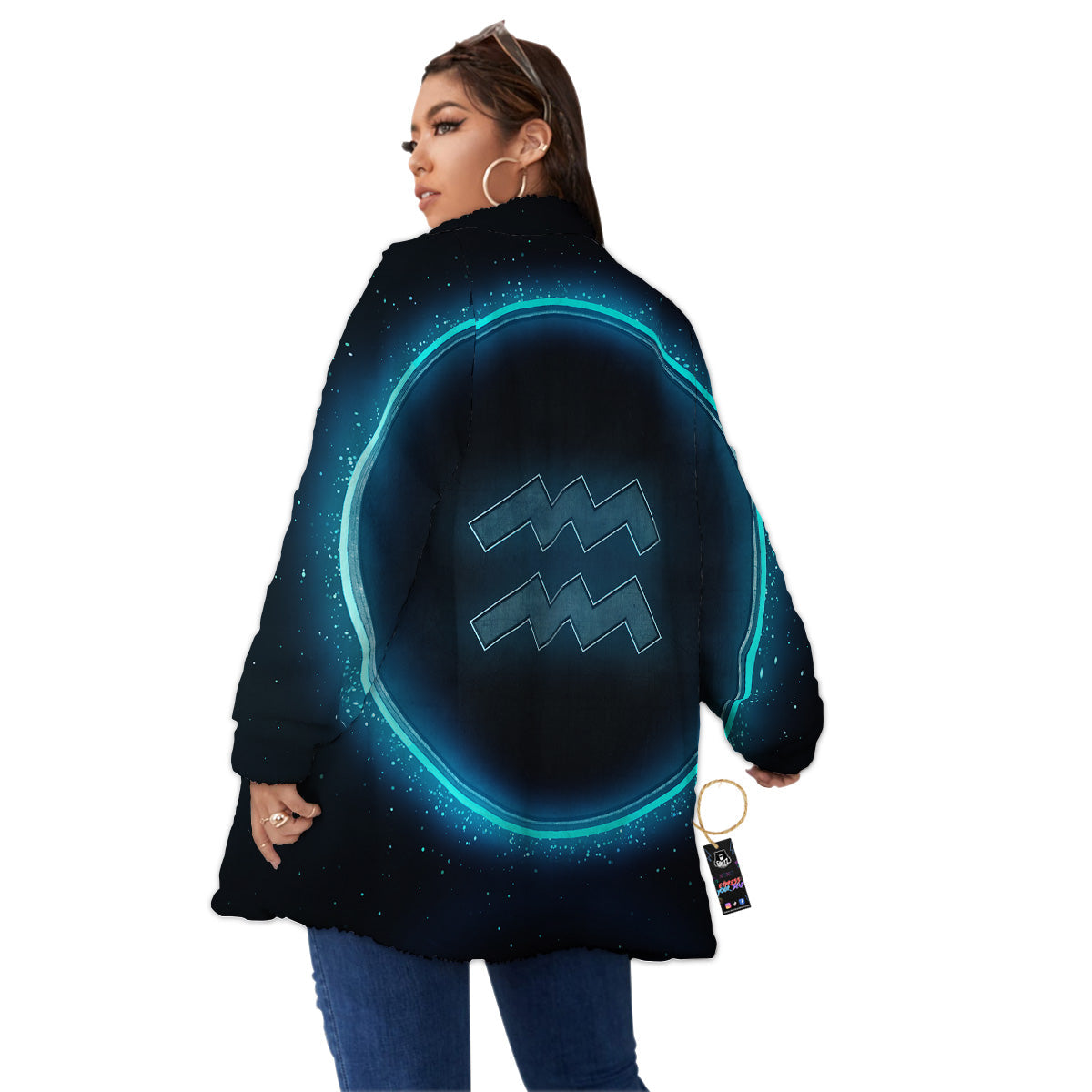 Zodiac Sign Blue Aquarius Print Women's Sherpa Jacket-grizzshop