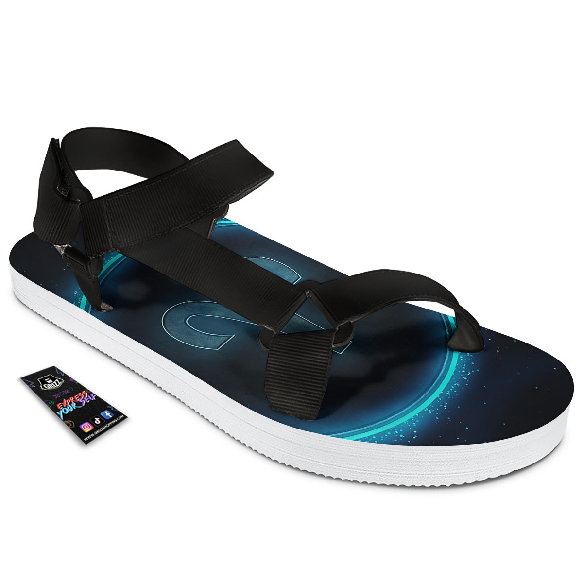Zodiac Sign Blue Aries Print Black Open Toe Sandals-grizzshop