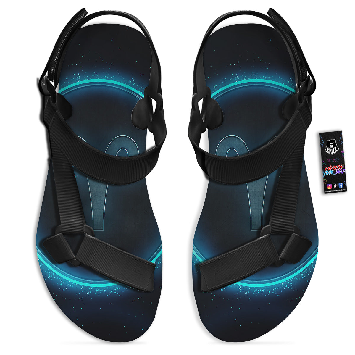 Zodiac Sign Blue Aries Print Black Open Toe Sandals-grizzshop