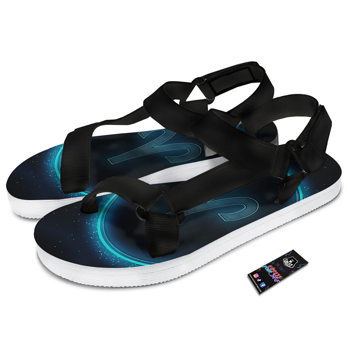 Zodiac Sign Blue Aries Print Black Open Toe Sandals-grizzshop