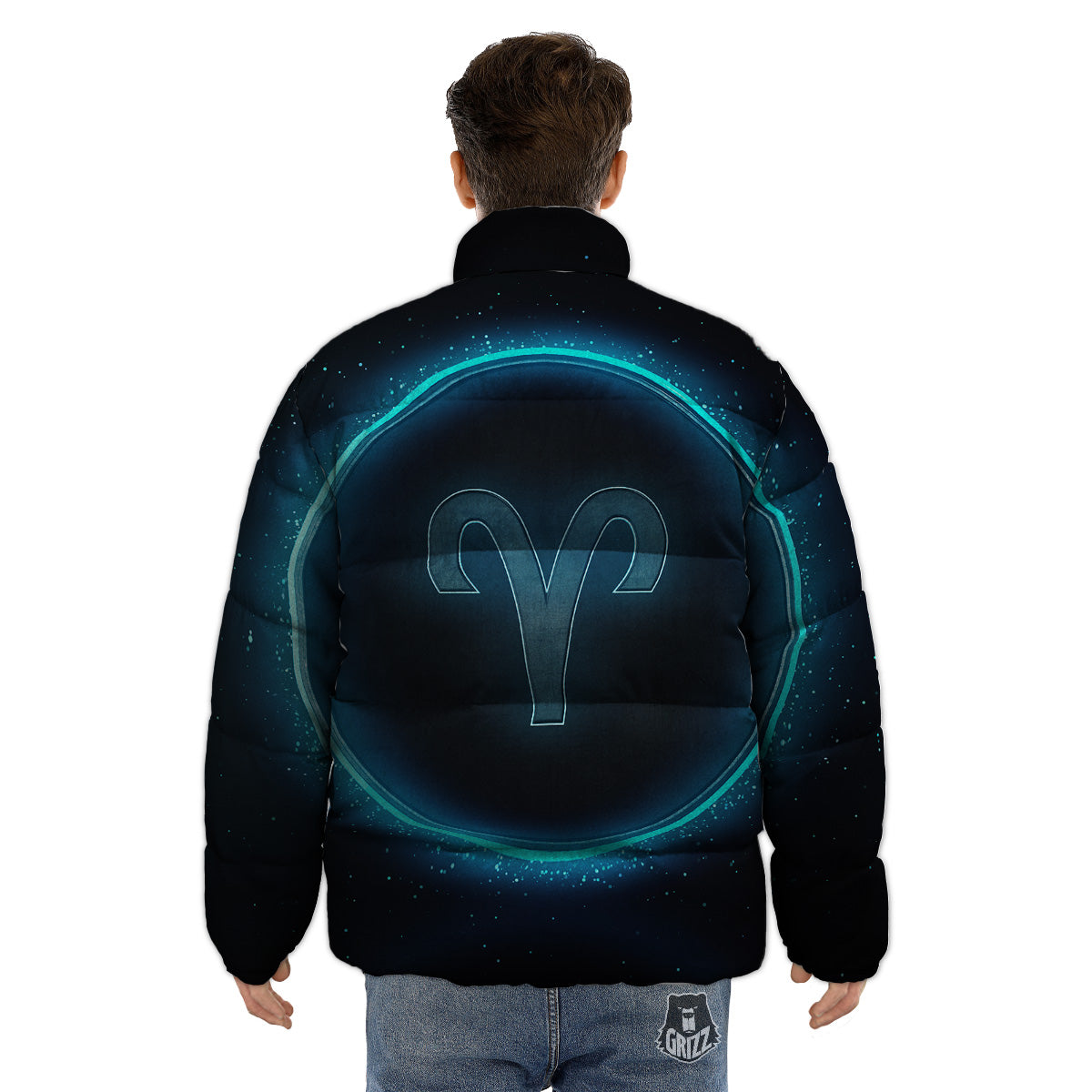 Zodiac Sign Blue Aries Print Puffer Jacket-grizzshop