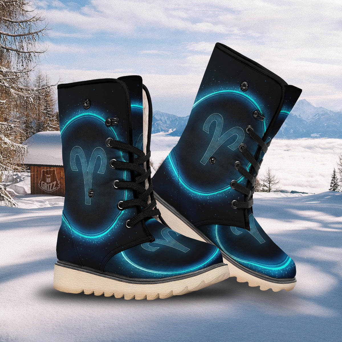 Zodiac Sign Blue Aries Print Snow Boots-grizzshop