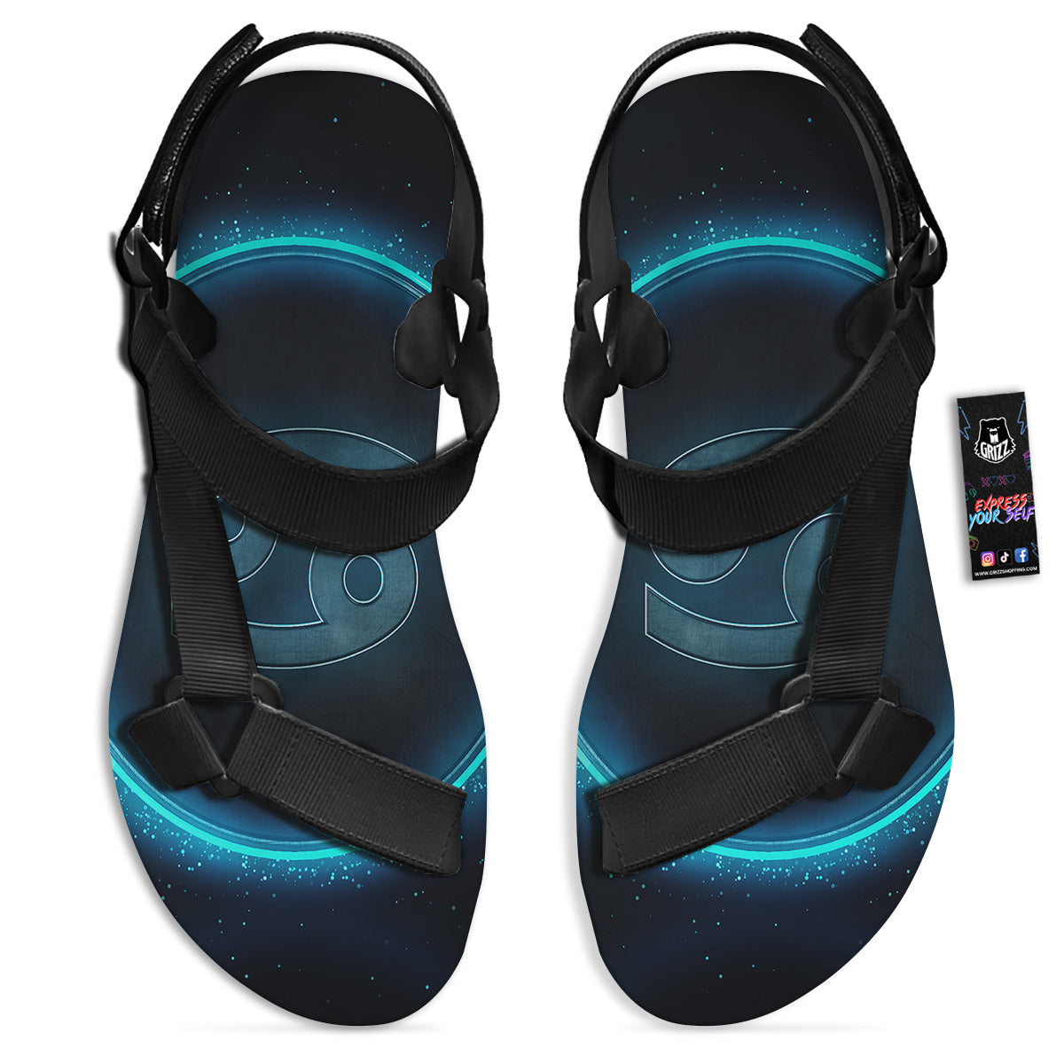 Zodiac Sign Blue Cancer Print Black Open Toe Sandals-grizzshop