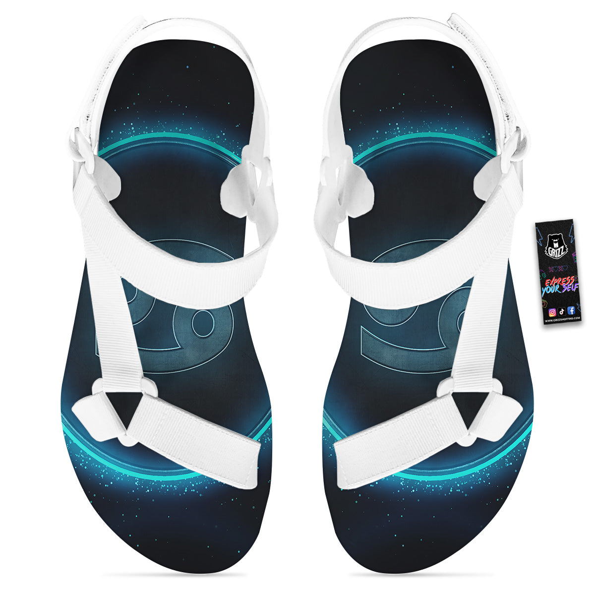 Zodiac Sign Blue Cancer Print White Open Toe Sandals-grizzshop