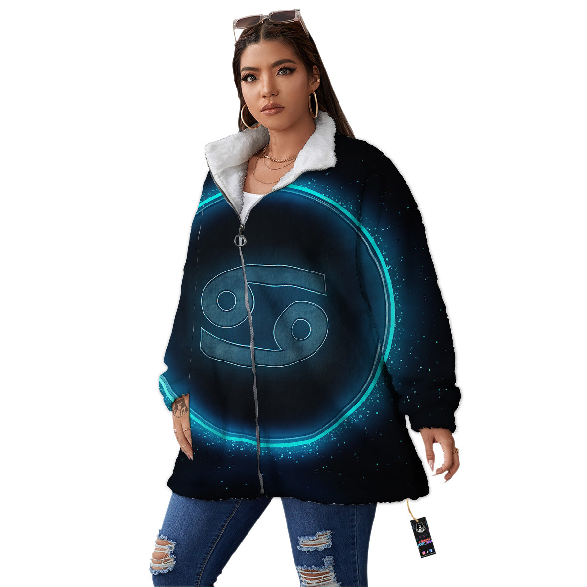 Zodiac Sign Blue Cancer Print Women's Sherpa Jacket-grizzshop