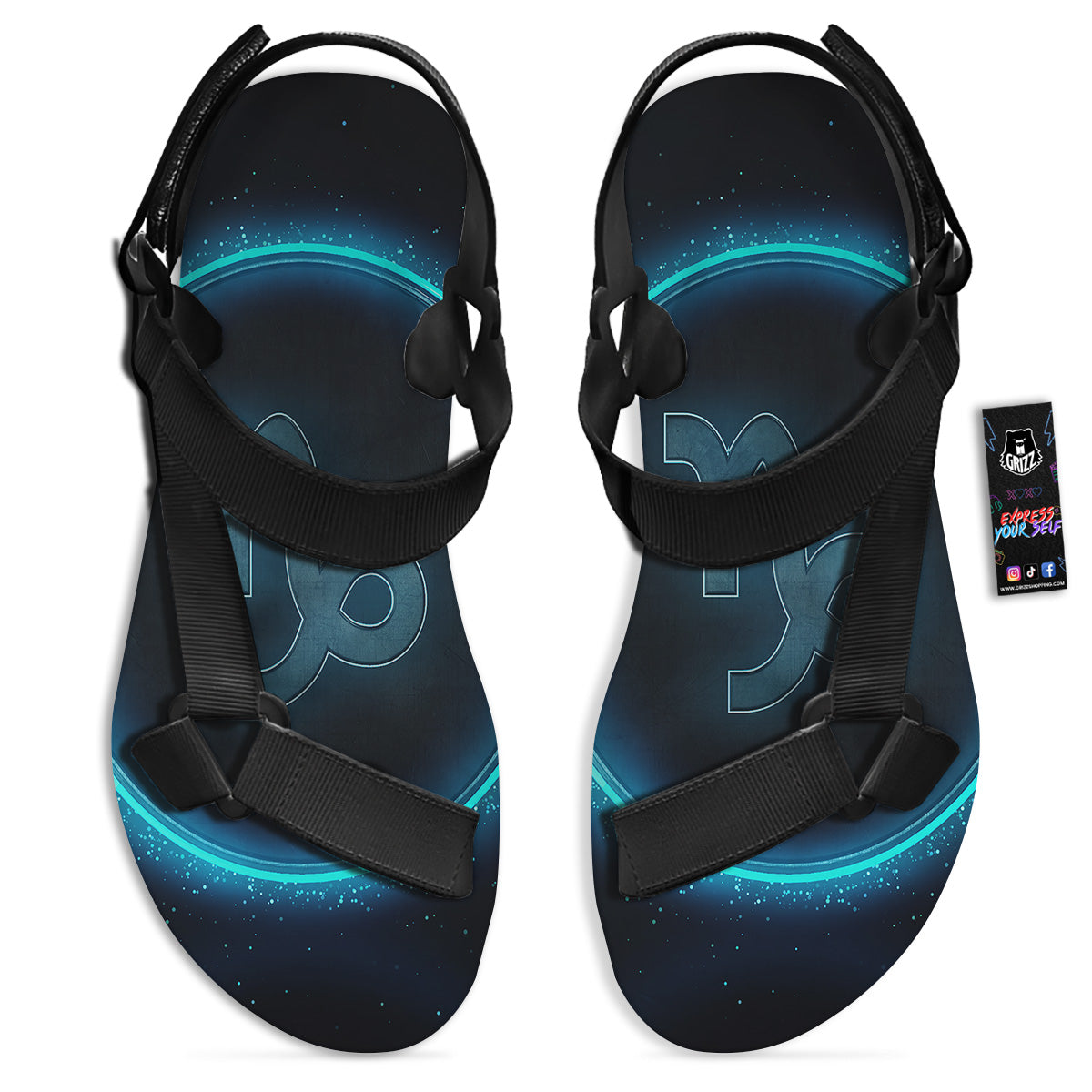 Zodiac Sign Blue Capricorn Print Black Open Toe Sandals-grizzshop