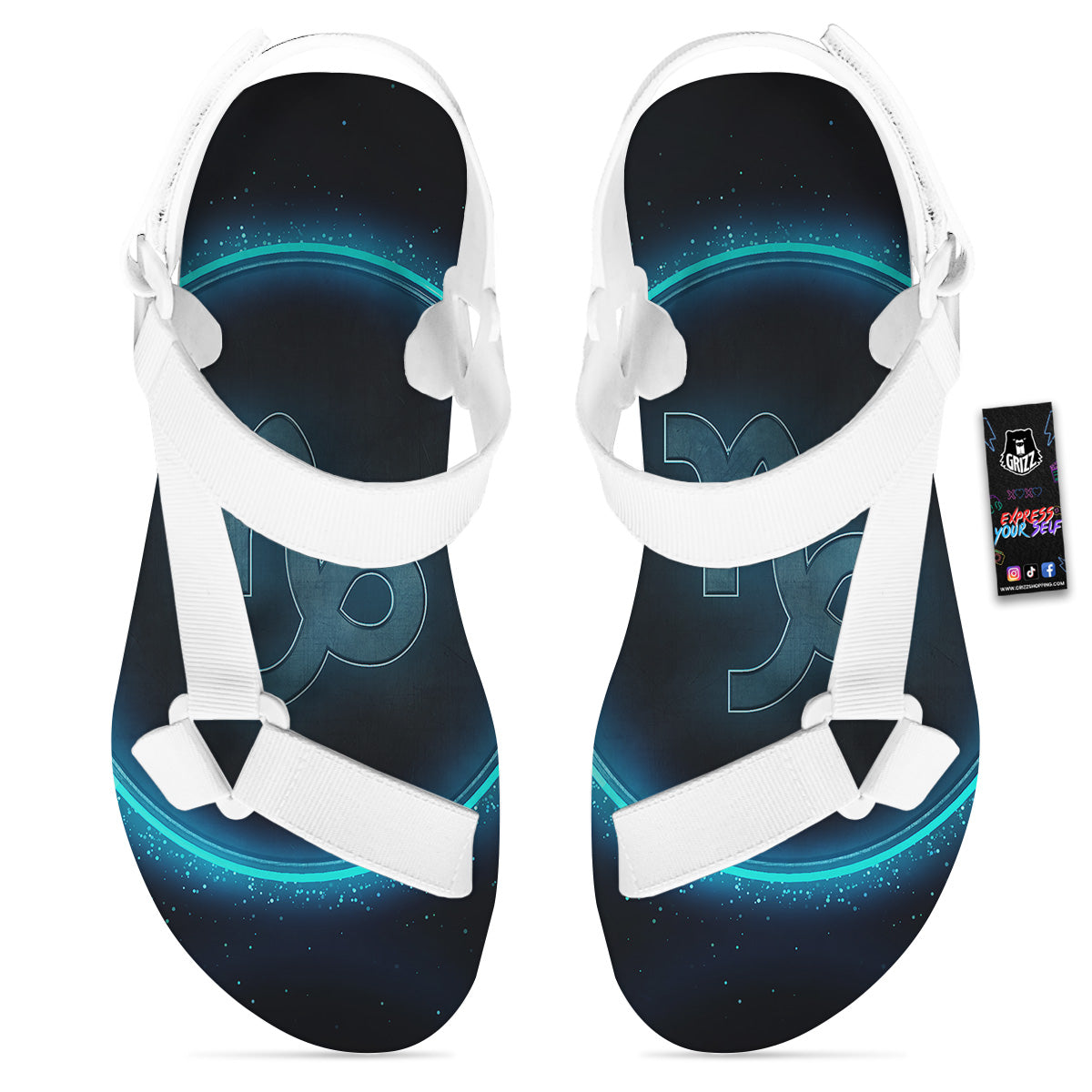Zodiac Sign Blue Capricorn Print White Open Toe Sandals-grizzshop