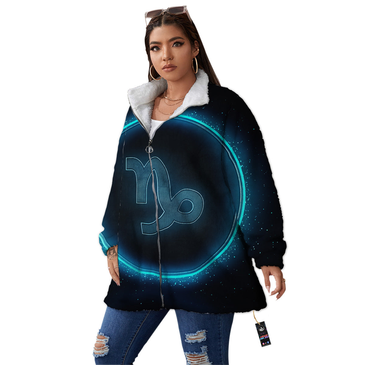 Zodiac Sign Blue Capricorn Print Women's Sherpa Jacket-grizzshop