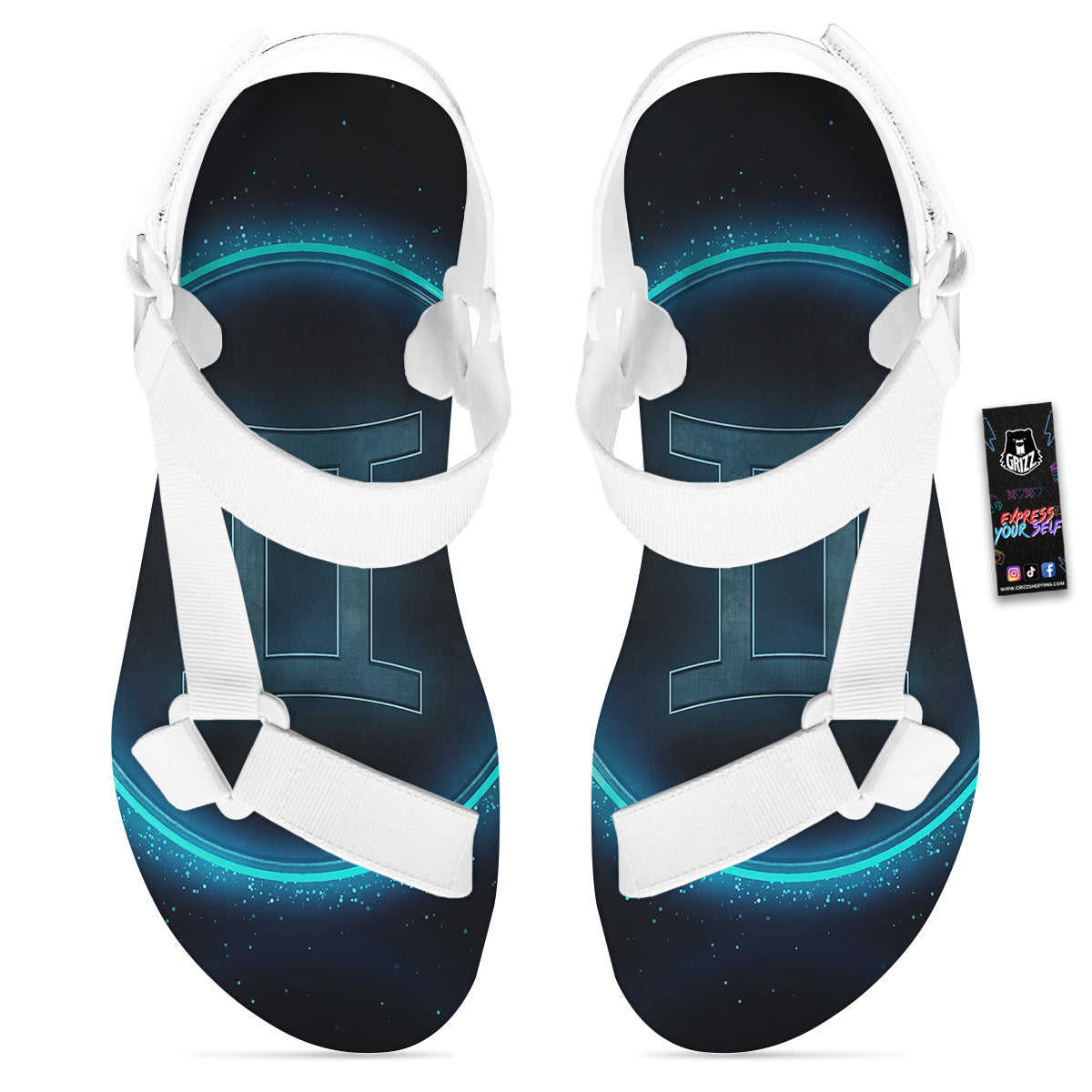 Zodiac Sign Blue Gemini Print White Open Toe Sandals-grizzshop