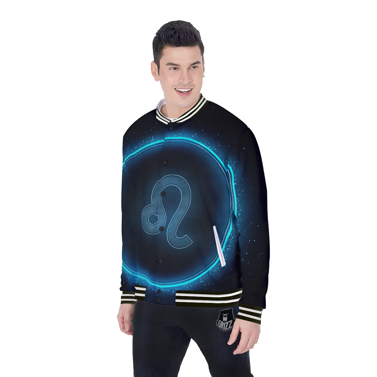 Zodiac Sign Blue Leo Print Baseball Jacket-grizzshop