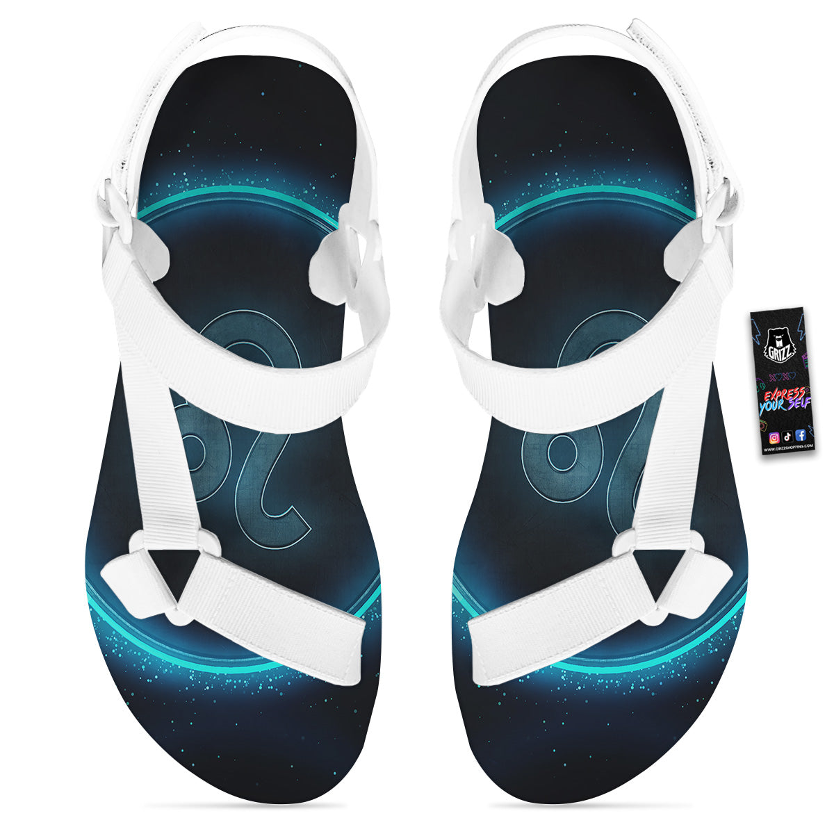 Zodiac Sign Blue Leo Print White Open Toe Sandals-grizzshop