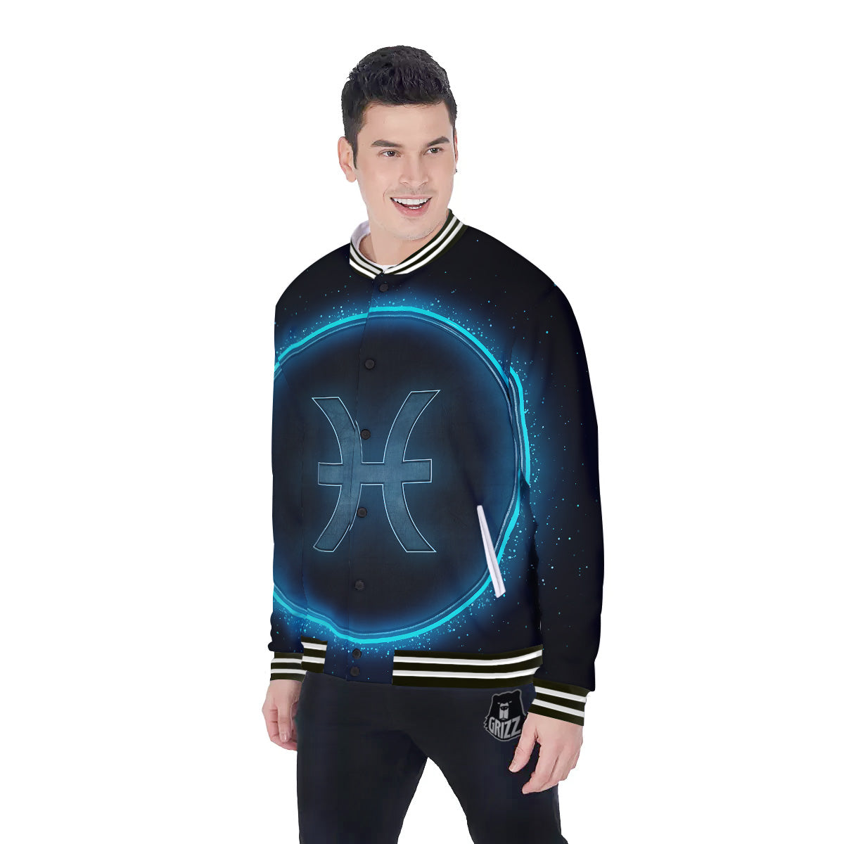 Zodiac Sign Blue Pisces Print Baseball Jacket-grizzshop