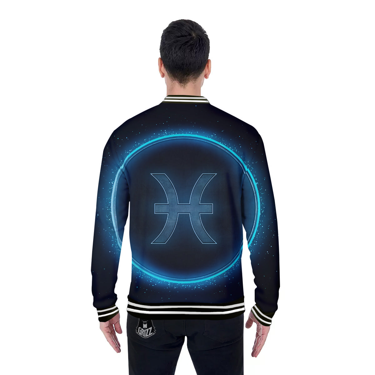 Zodiac Sign Blue Pisces Print Baseball Jacket-grizzshop