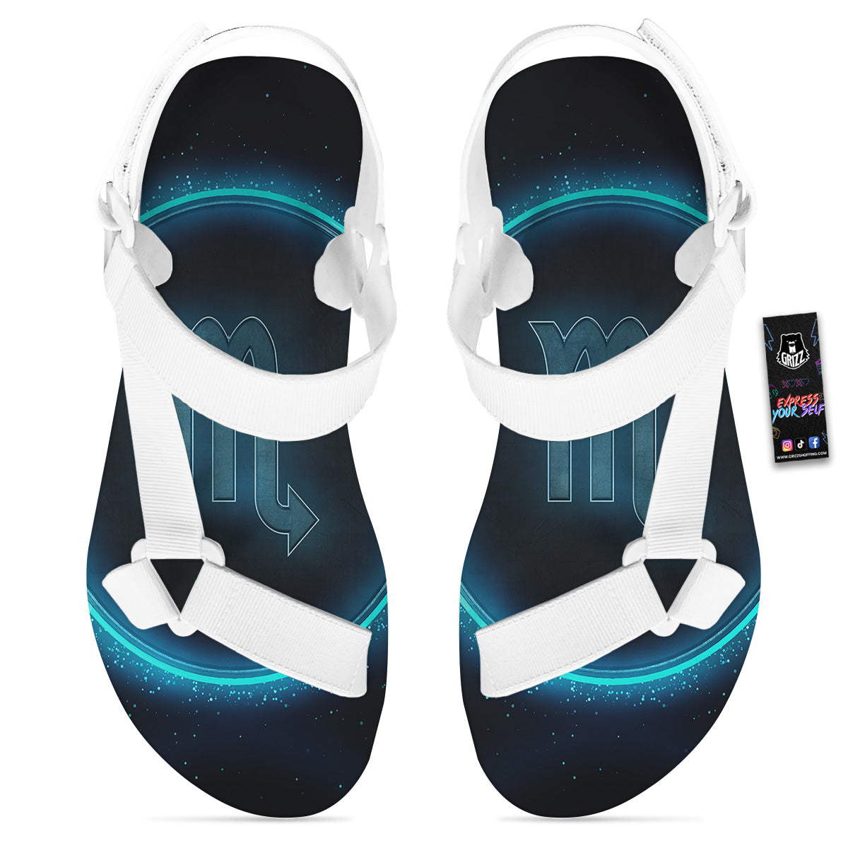 Zodiac Sign Blue Scorpio Print White Open Toe Sandals-grizzshop