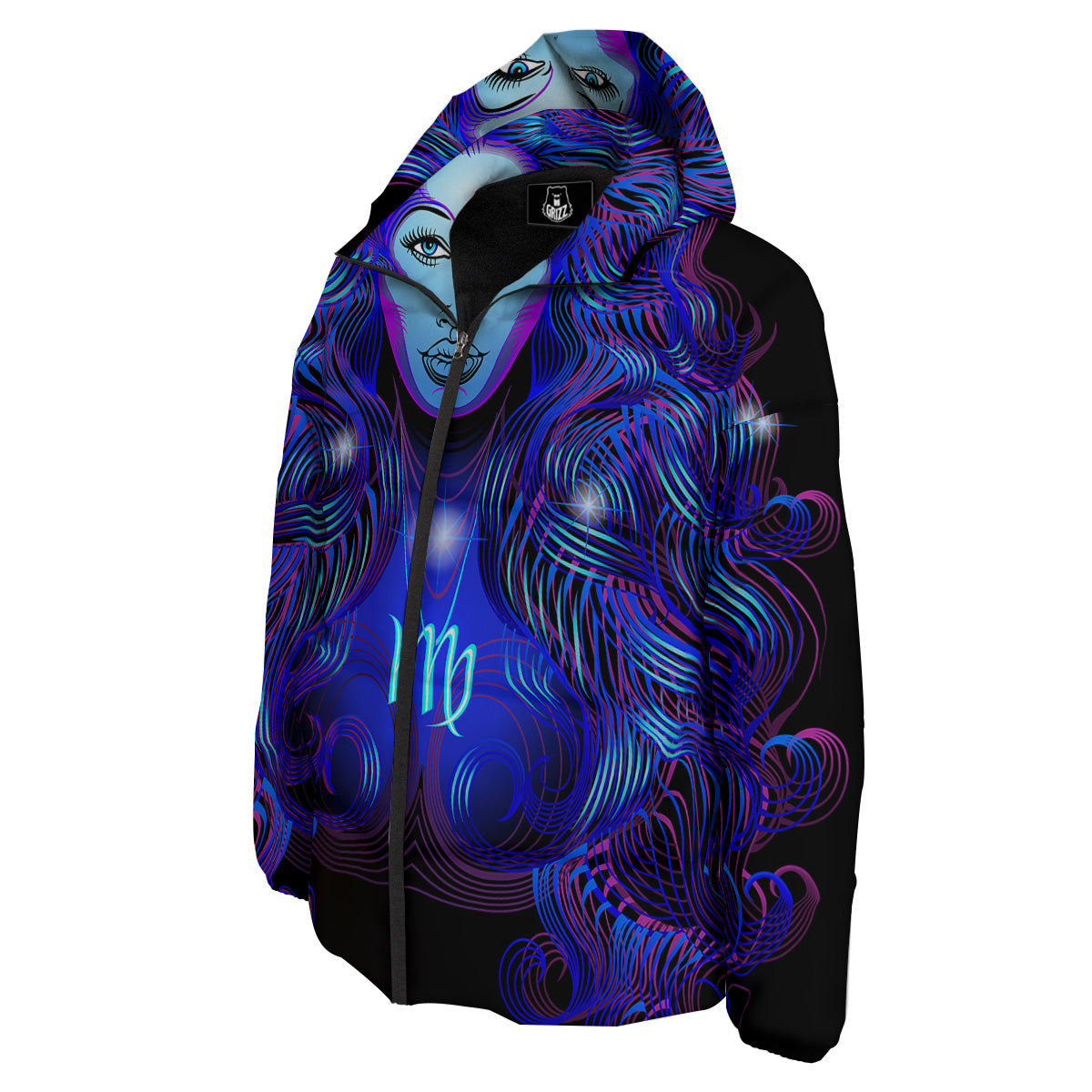 Zodiac Sign Blue Virgo Print Down Jacket-grizzshop