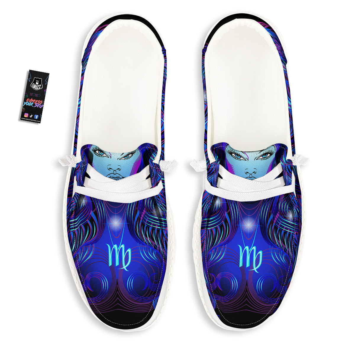 Zodiac Sign Blue Virgo Print White Loafers-grizzshop