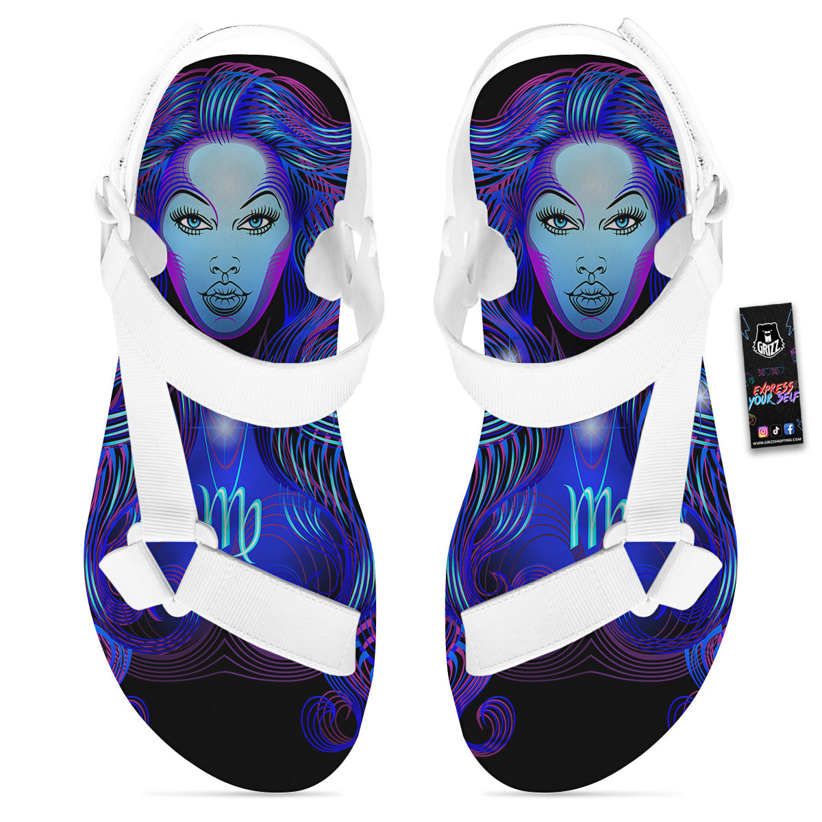 Zodiac Sign Blue Virgo Print White Open Toe Sandals-grizzshop