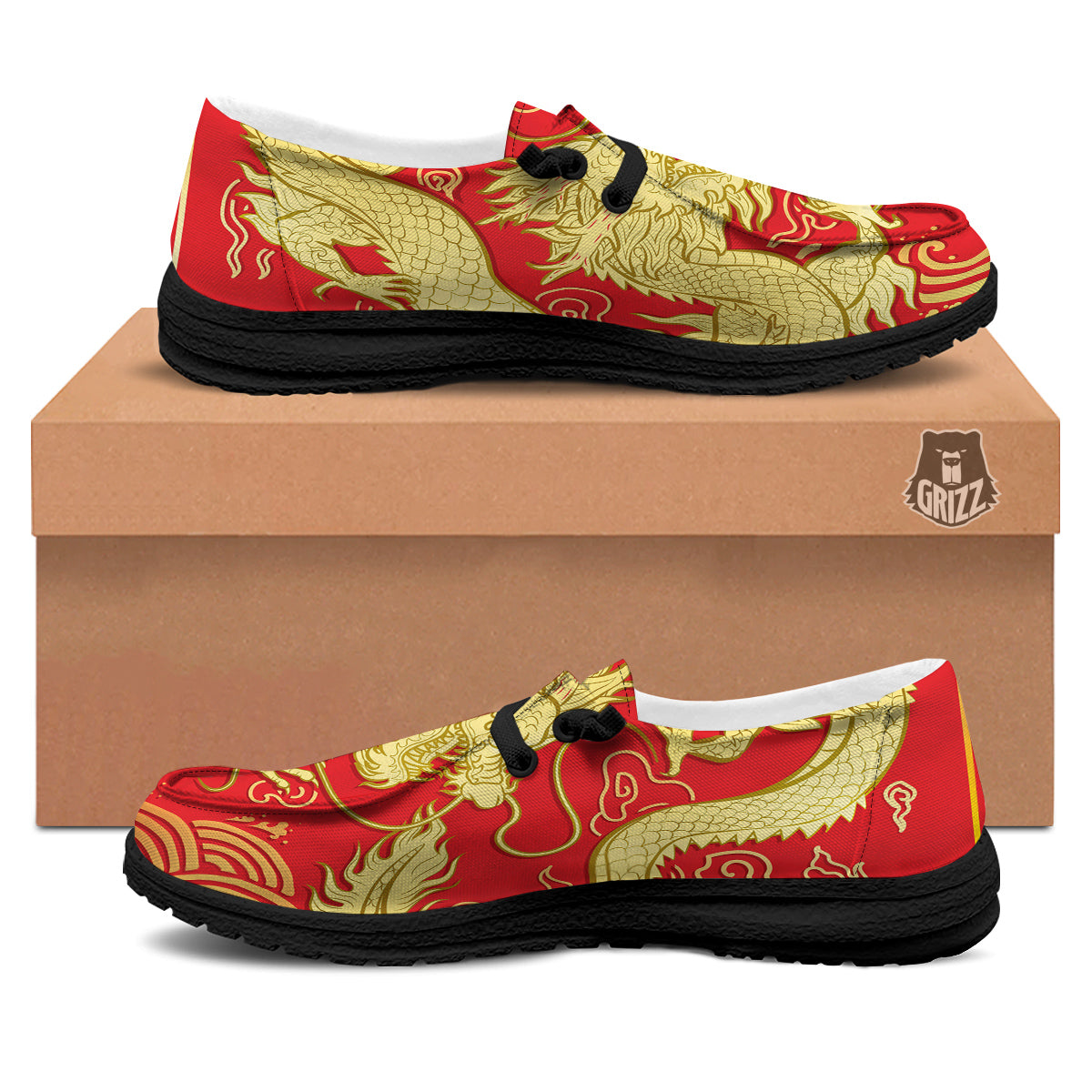 Zodiac Sign Chinese Dragon Print Black Loafers-grizzshop