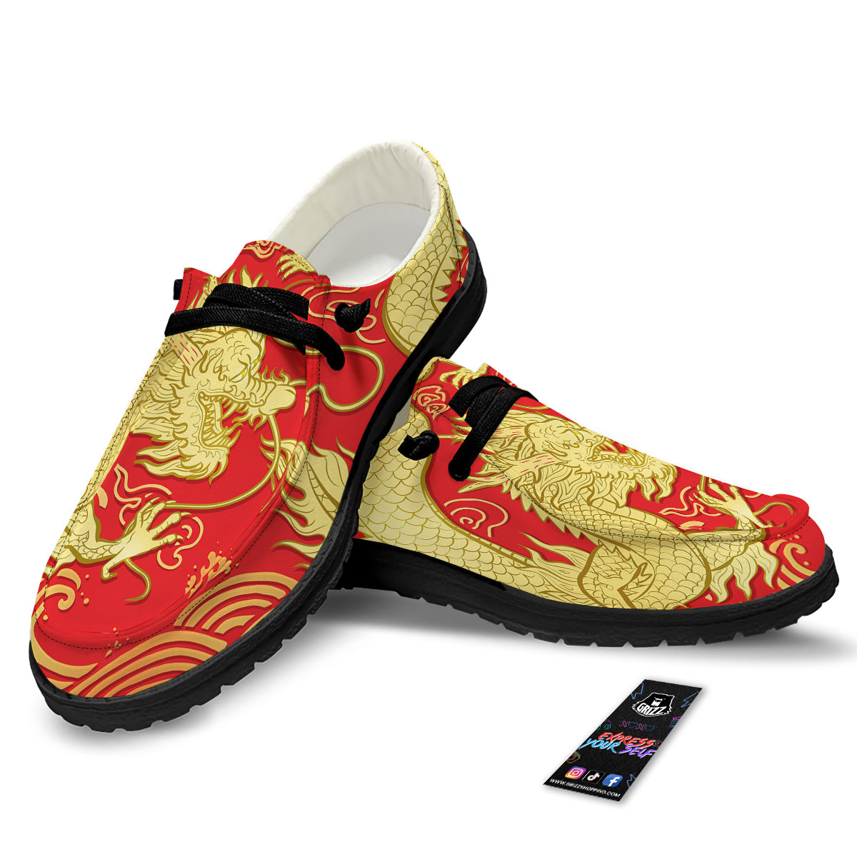 Zodiac Sign Chinese Dragon Print Black Loafers-grizzshop