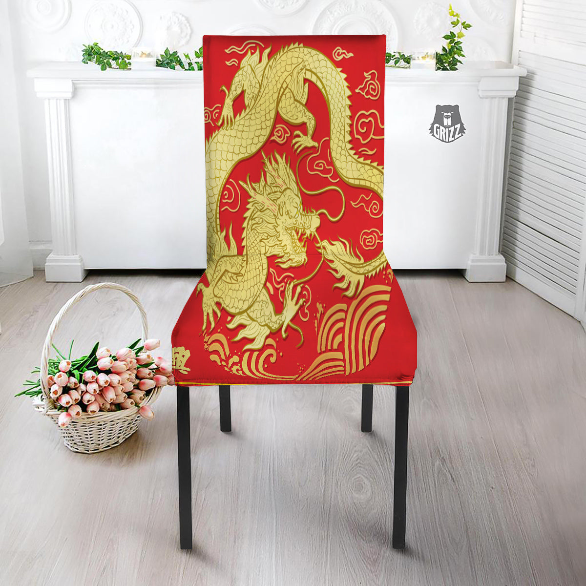 Zodiac Sign Chinese Dragon Print Dining Chair Slipcover-grizzshop