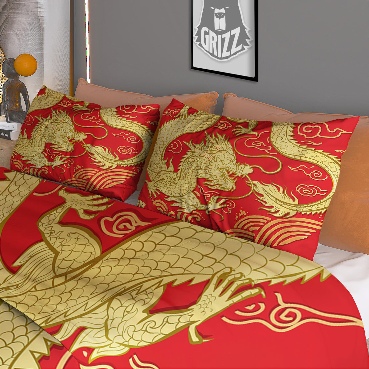 Zodiac Sign Chinese Dragon Print Duvet Cover Bedding Set