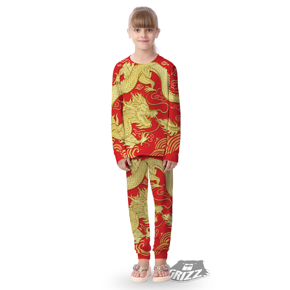 Zodiac Sign Chinese Dragon Print Kid's Pajamas-grizzshop