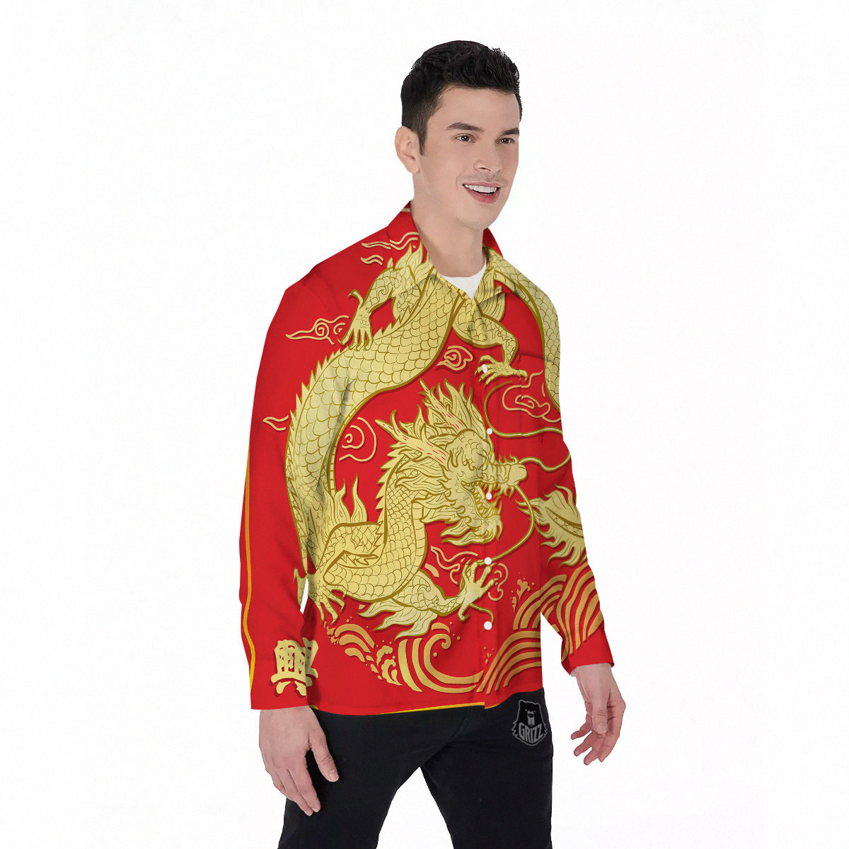 Zodiac Sign Chinese Dragon Print Men's Long Sleeve Shirts-grizzshop