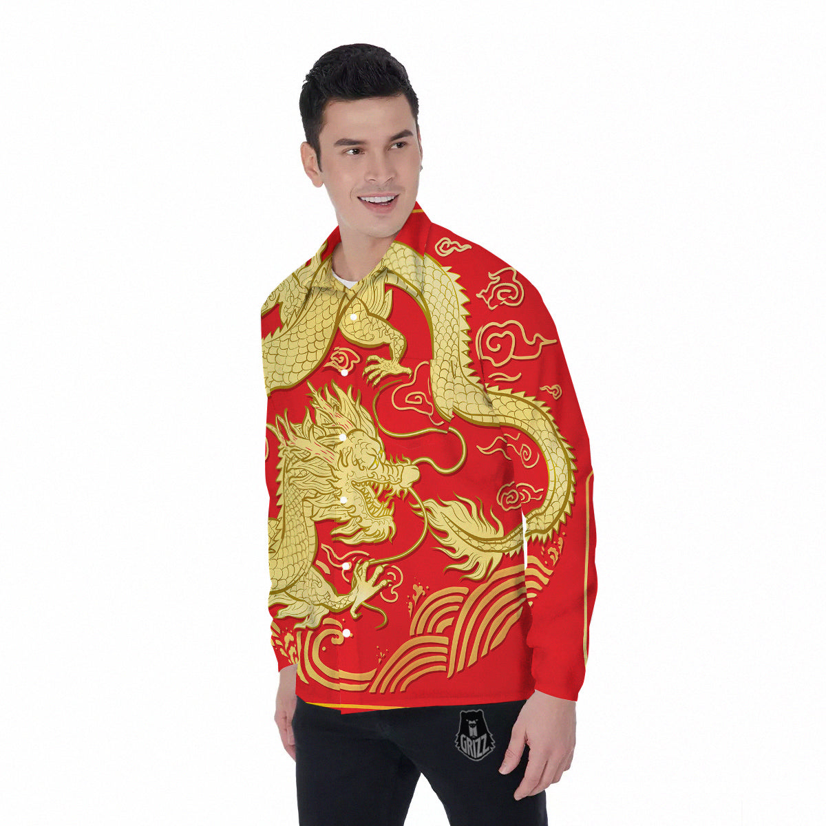 Zodiac Sign Chinese Dragon Print Men's Long Sleeve Shirts-grizzshop