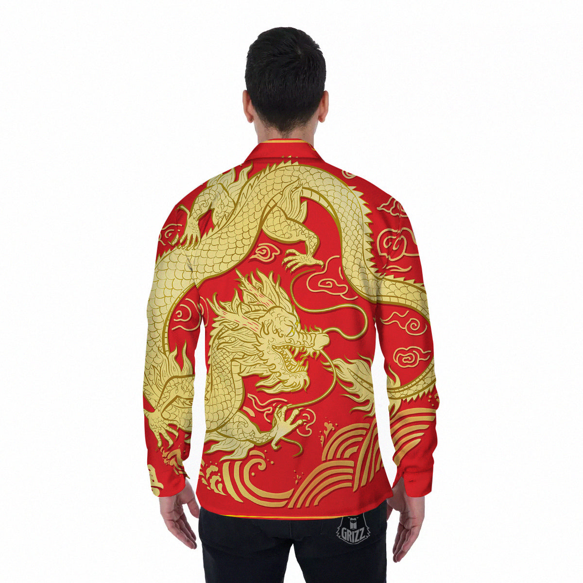 Zodiac Sign Chinese Dragon Print Men's Long Sleeve Shirts-grizzshop