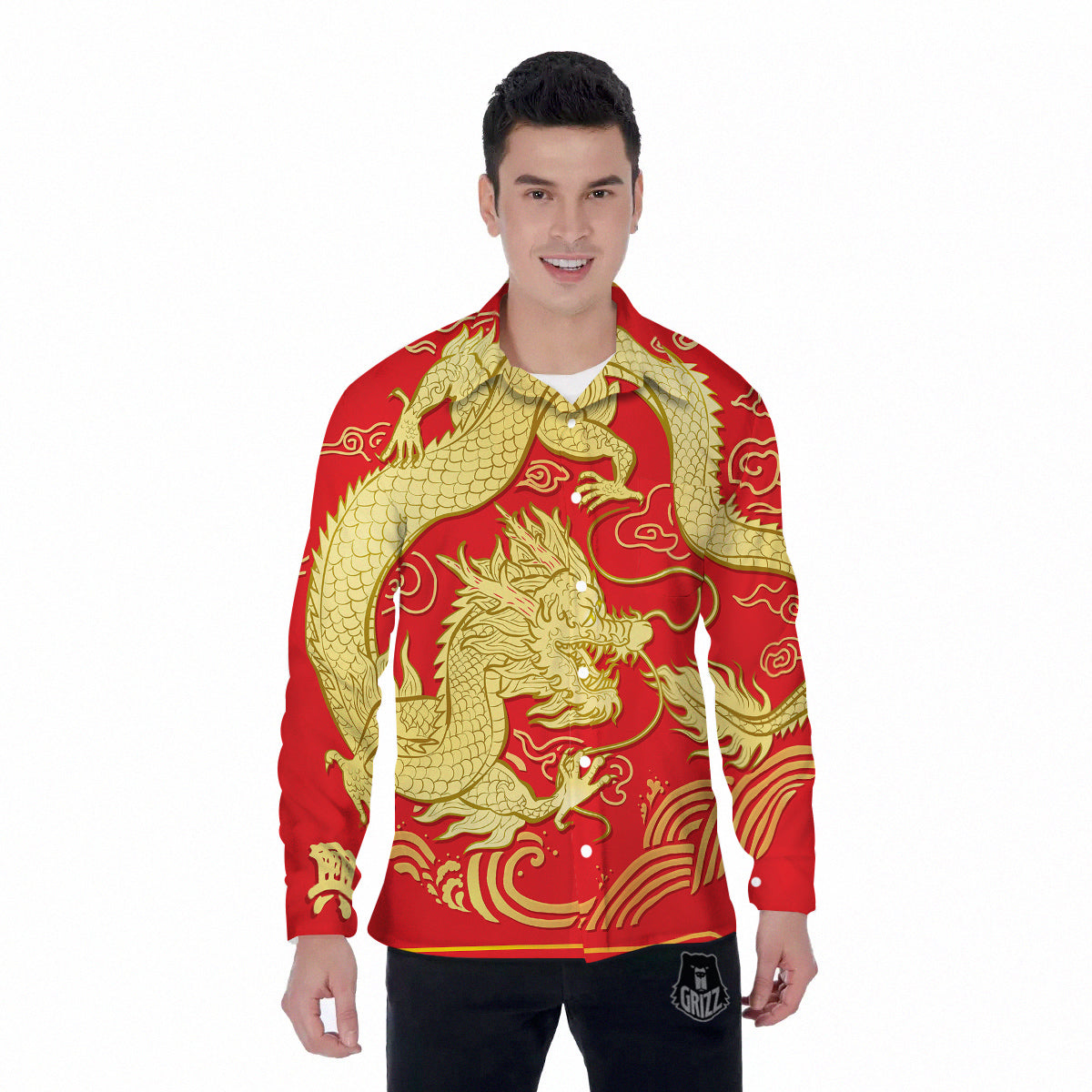Zodiac Sign Chinese Dragon Print Men's Long Sleeve Shirts-grizzshop