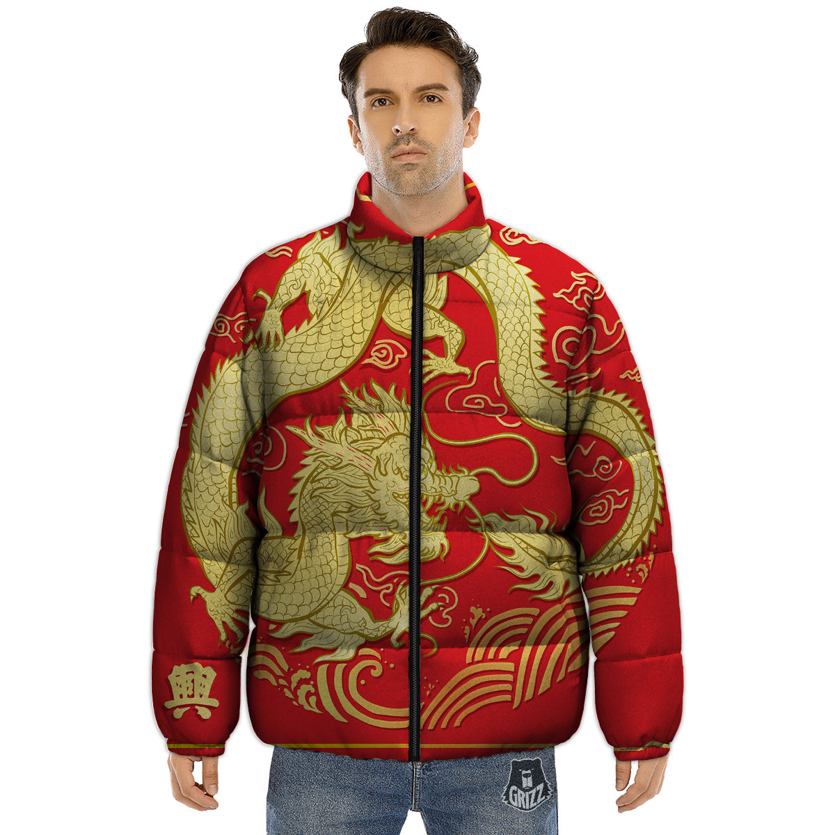 Zodiac Sign Chinese Dragon Print Puffer Jacket-grizzshop