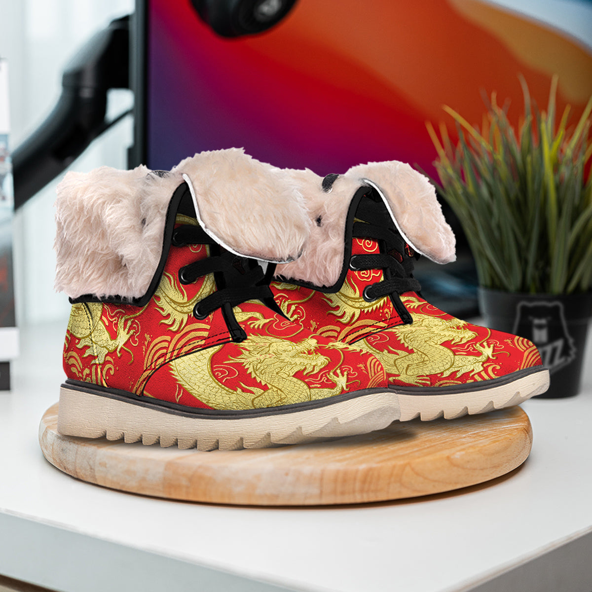 Zodiac Sign Chinese Dragon Print Snow Boots-grizzshop