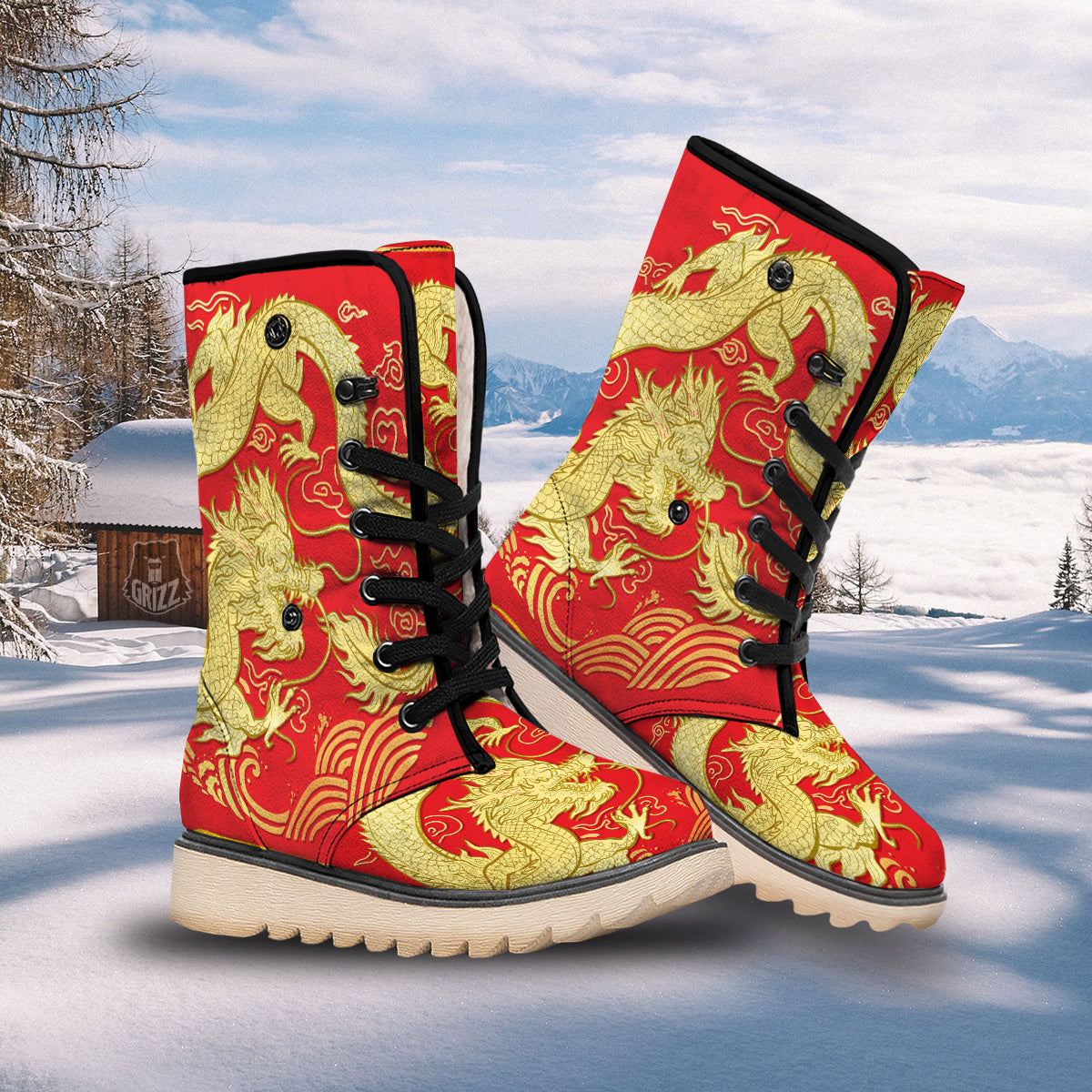 Zodiac Sign Chinese Dragon Print Snow Boots-grizzshop