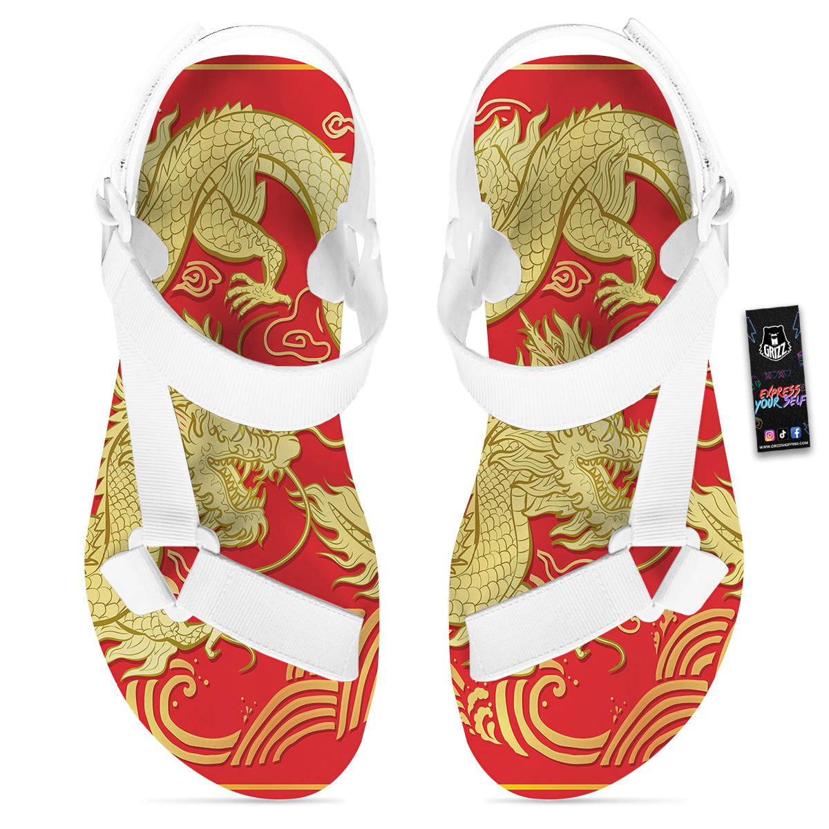 Zodiac Sign Chinese Dragon Print White Open Toe Sandals-grizzshop