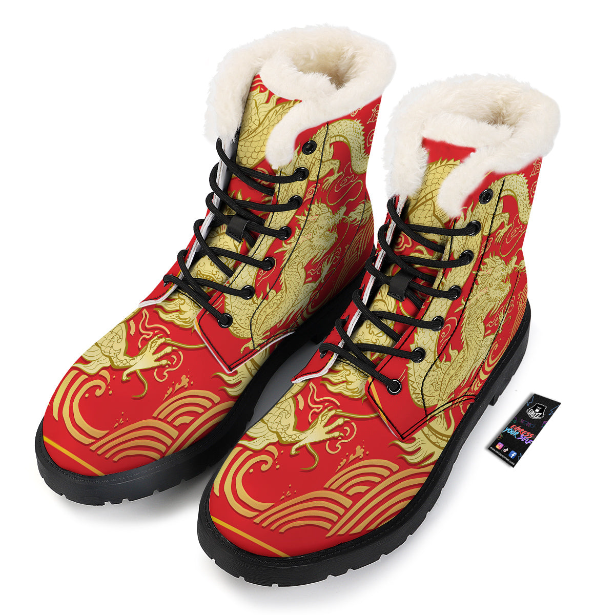 Zodiac Sign Chinese Dragon Print Winter Boots-grizzshop