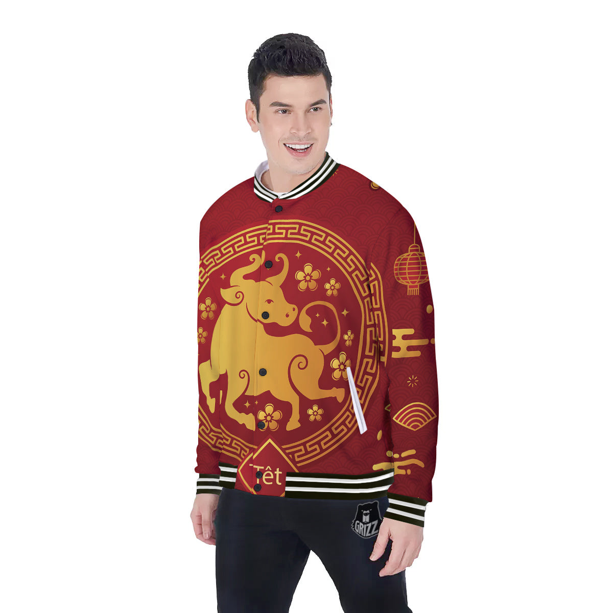 Zodiac Sign Chinese Ox Print Baseball Jacket-grizzshop