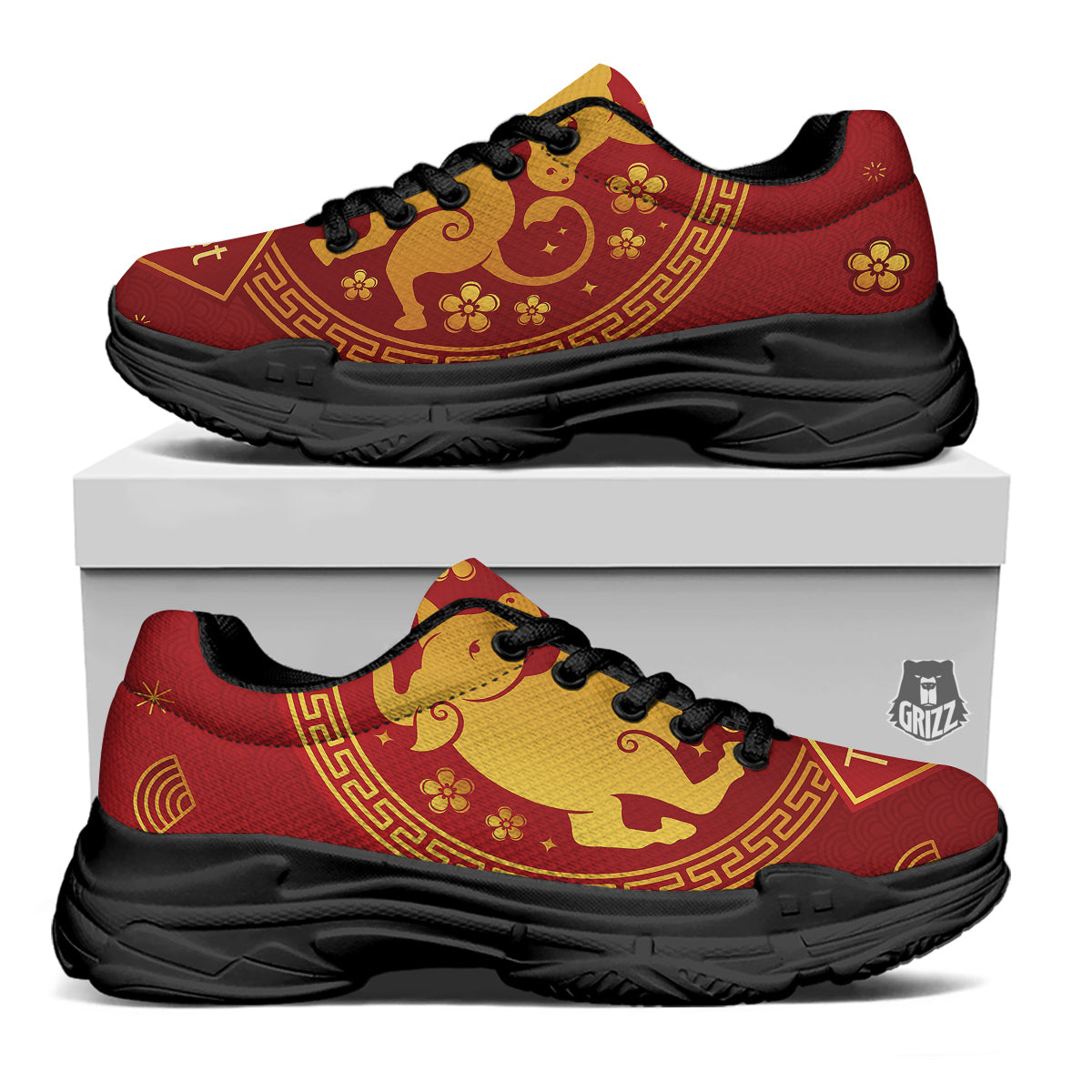 Zodiac Sign Chinese Ox Print Black Chunky Shoes-grizzshop