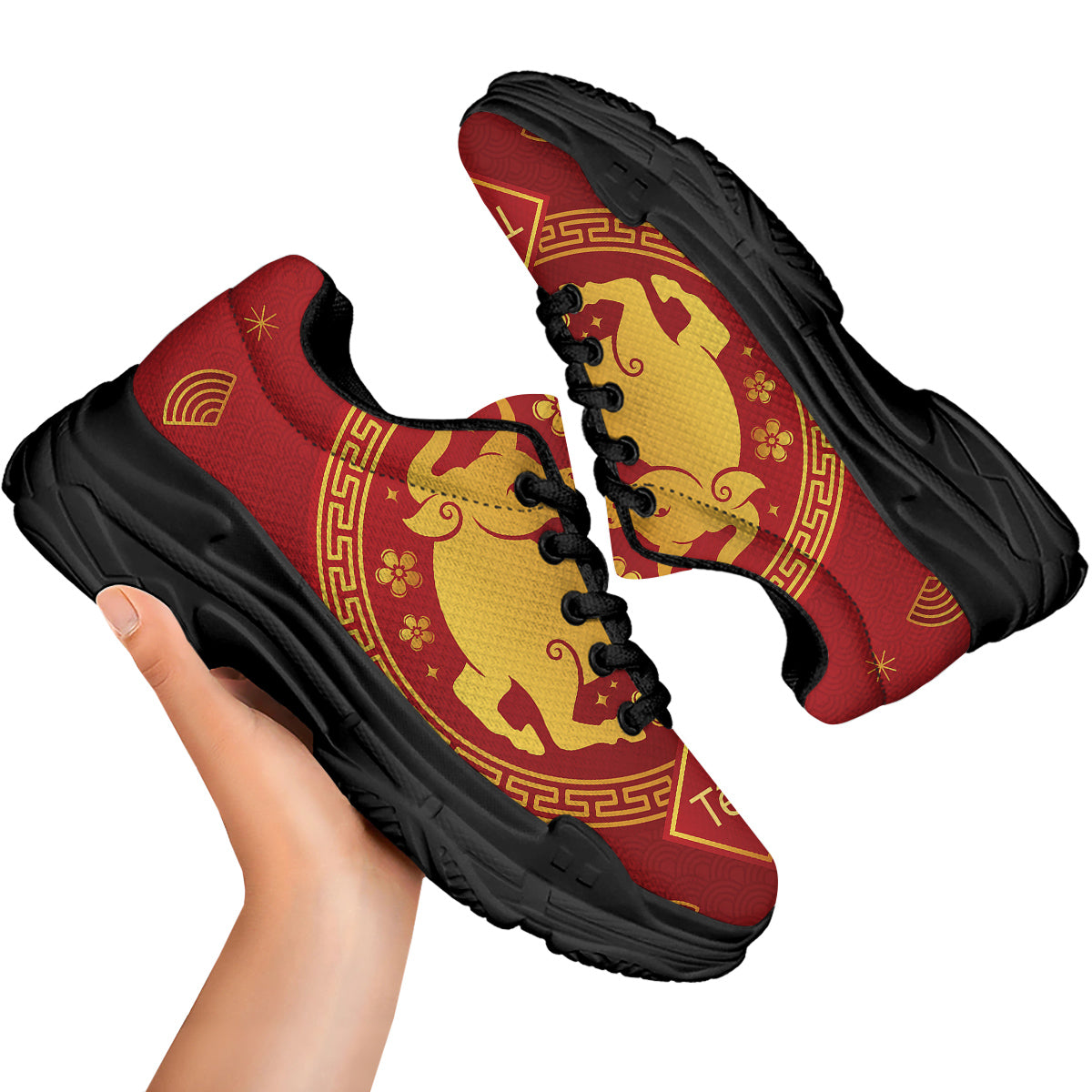 Zodiac Sign Chinese Ox Print Black Chunky Shoes-grizzshop