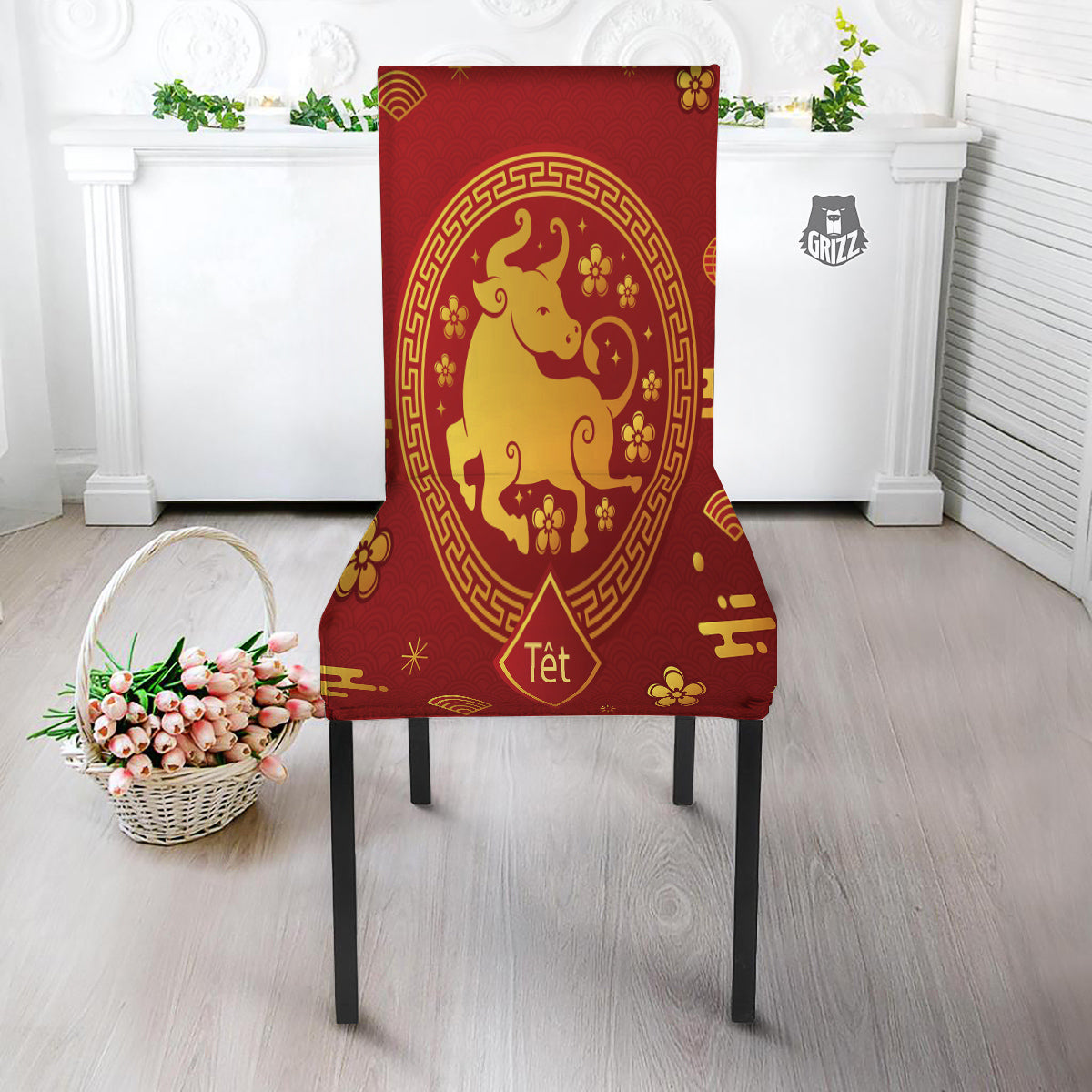 Zodiac Sign Chinese Ox Print Dining Chair Slipcover-grizzshop