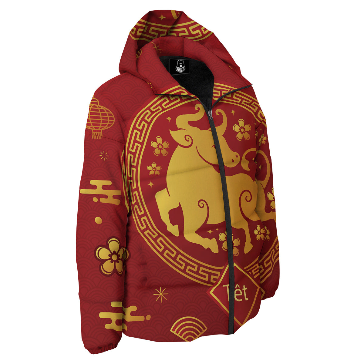 Zodiac Sign Chinese Ox Print Down Jacket-grizzshop