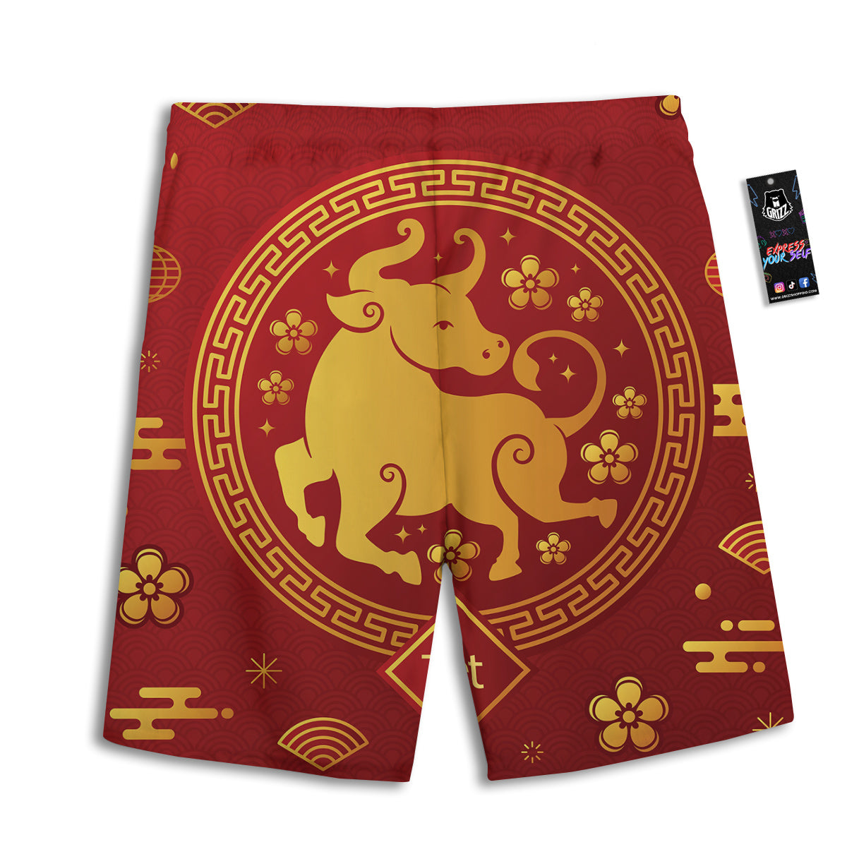 Zodiac Sign Chinese Ox Print Men's Athletic Shorts