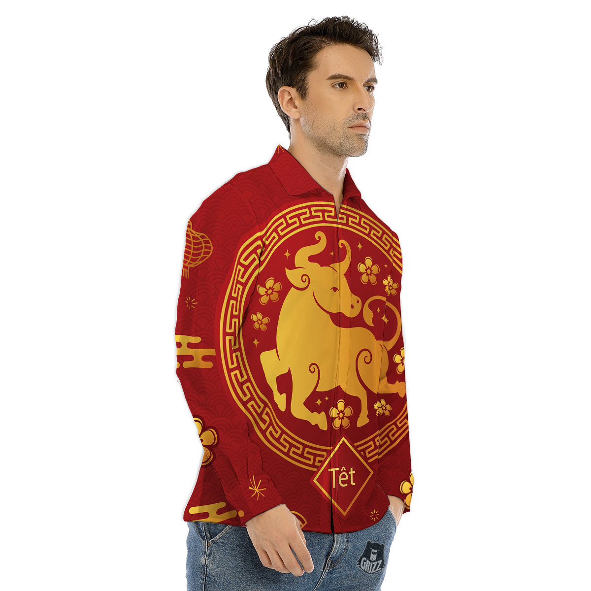 Zodiac Sign Chinese Ox Print Men's Dress Shirts-grizzshop