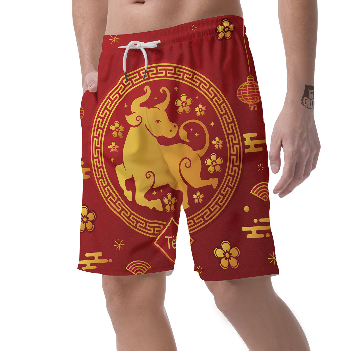 Zodiac Sign Chinese Ox Print Men's Shorts-grizzshop
