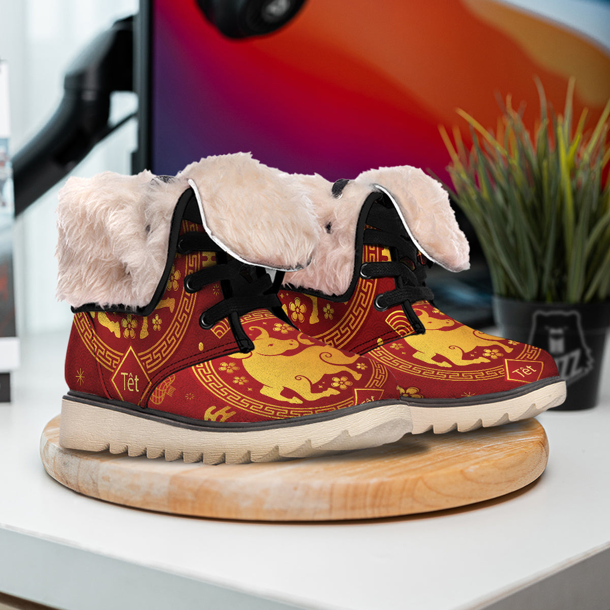 Zodiac Sign Chinese Ox Print Snow Boots-grizzshop