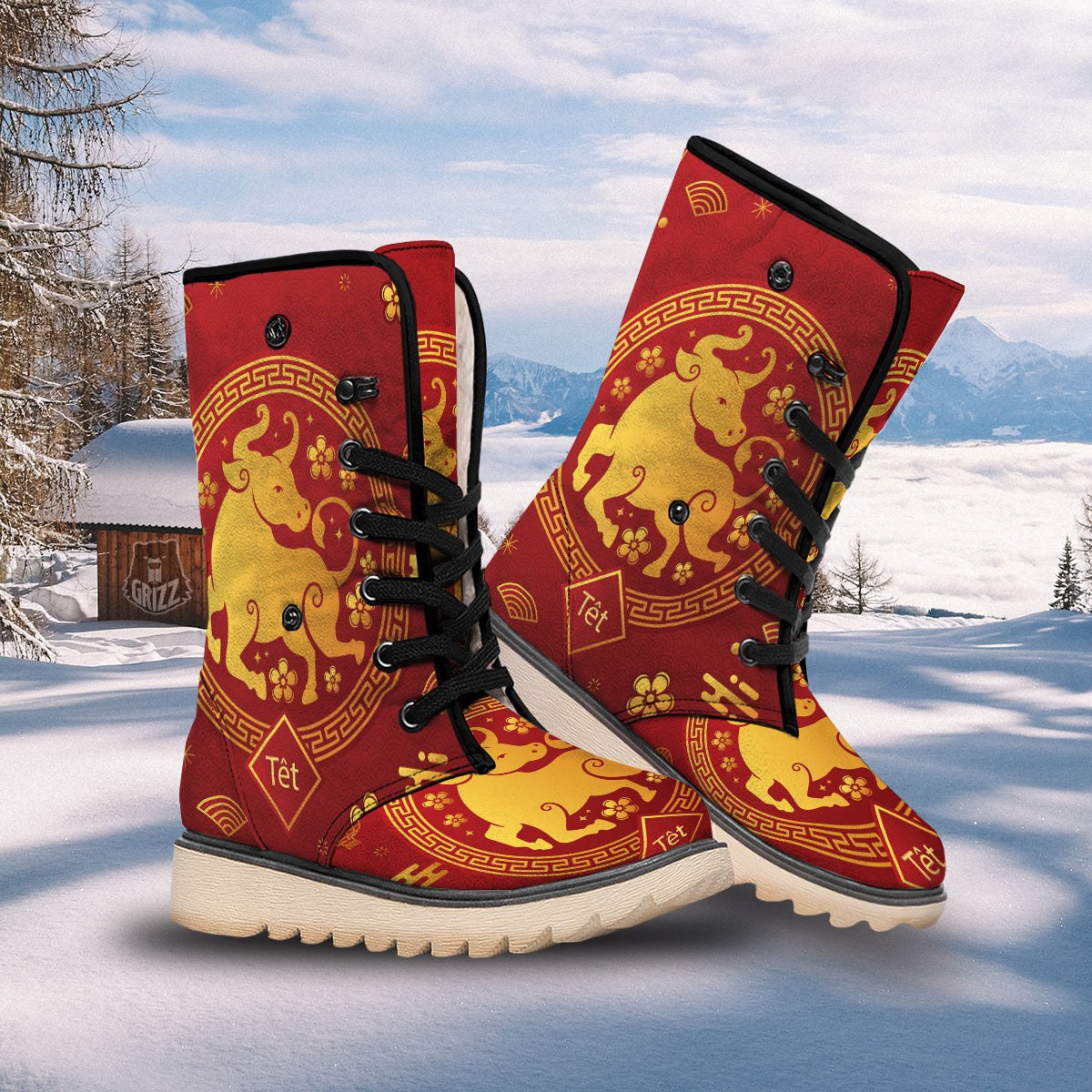 Zodiac Sign Chinese Ox Print Snow Boots-grizzshop