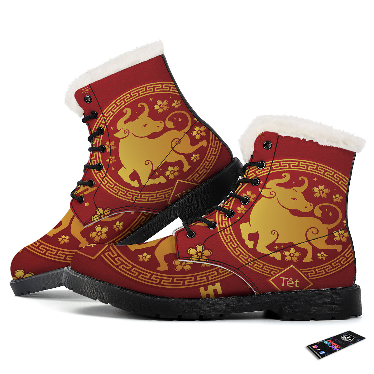 Zodiac Sign Chinese Ox Print Winter Boots-grizzshop